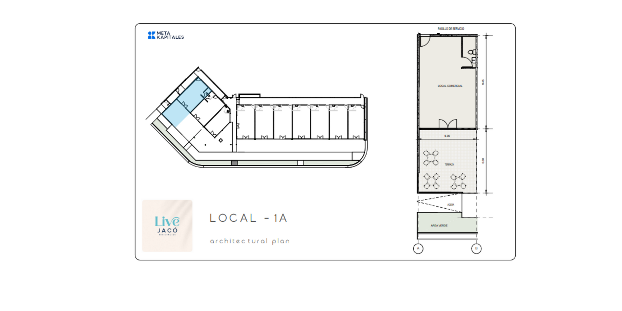 Plano arquitectónico del Local 1A mostrando el local comercial, terraza, baño y áreas comunes adyacentes.